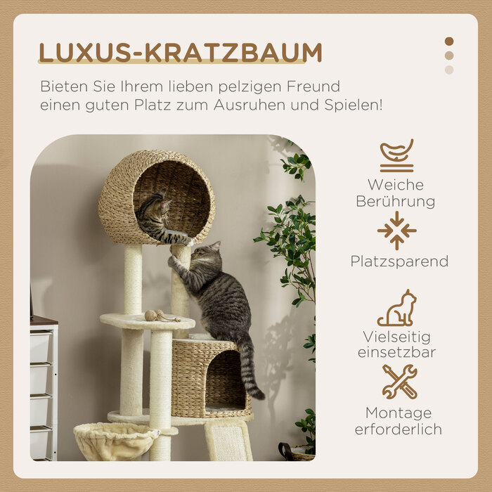 Кігтеточка для кішок PawHut з ротанговим будиночком, кілька платформ, гамак і пандус, проти нахилу, плюшева, бежева, 60 x 60 x 150 см | Аосом