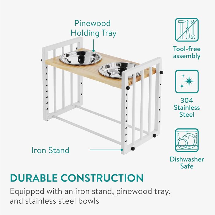 Підвищена годівниця для собак Navaris - Регульована висота, нержавіюча сталь 304, 1180 мл, миється в посудомийній машині, з клейкими точками