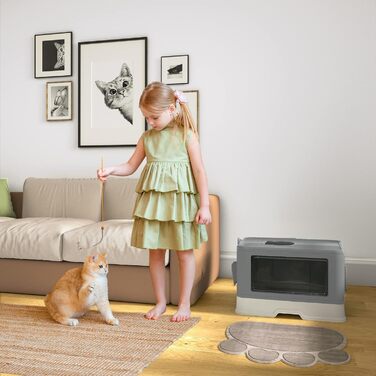 YITAHOME туалет для котів з кришкою, великий лоток для котів Hop In, без запаху, з совком для наповнювача, легке очищення, сірий