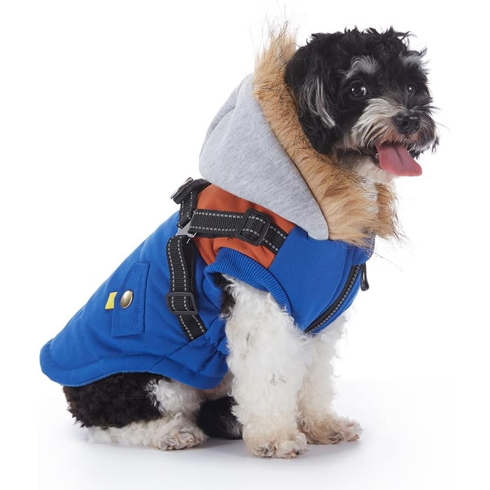 Тепла куртка-худі для собак маленьких та середніх порід, водонепроникна та вітронепроникна. З світловідбиваючим кріпленням для шлейки. Синій колір, розмір X