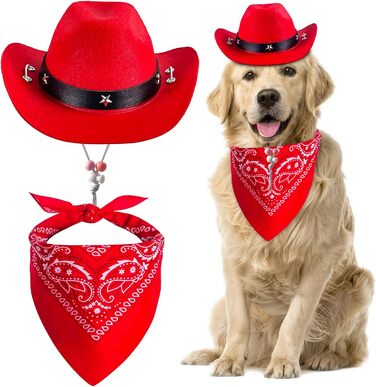 Ковбойський комплект для тварин: капелюх та бандана для собак та котів. Ідеально для святкування дня народження в мексиканському стилі та повсякденного носіння. Червоний, однотонний (Getaway Solids)
