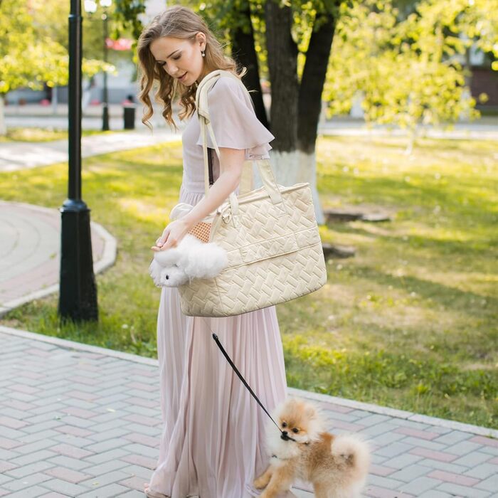 PETCUTE Сумка-переноска для собак та котів, дихаюча переноска для маленьких собак до 6 кг, сумка-переноска на плече з кишенями, переноска для собак з знімним килимком, M, Бежевий