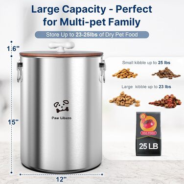 Контейнер для корму для собак та котів Paw Libero, 2 шт., 25 кг (50 кг загалом), нержавіюча сталь, з кришкою з дерева та ручкою з кераміки