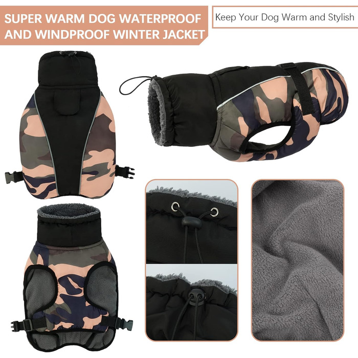 Водонепроникний зимовий теплий одяг для собак - куртка для маленьких, середніх та великих собак. Теплий одяг для собак з безпечними світловідбиваючими смугами для Лабрадорів, Чихуахуа, Французьких бульдогів. Зелений камуфляж