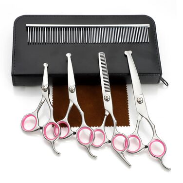 Професійна 5-в-1 фен для собак: ножиці з нержавіючої сталі, безпечні, прямі та філігранні ножиці, ножиці для стрижки та грумінгу, гребінець (рожевий)