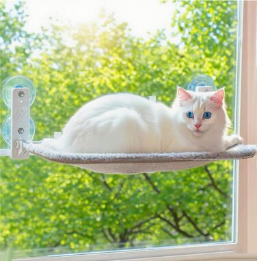 Кішка ліжко на вікно BnbnPup Fensteriege – гамак для котів з міцними присосками до 18 кг, знімний та перевертаний чохол, Fatbar & Stabi (Сірий, L)