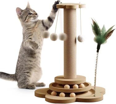 GOMETY Іграшка для котів 4-в-1 з дерева: ролики, обертовий диск, дряпка з сизалю, м'ячики з котячою м'ятою, 40 см