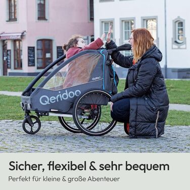 Причіп для велосипеда Qeridoo QUPA 1 з листковою підвіскою, складаною кабіною, розширюваним сидінням, візок-причіп, регульована ручка, 5-точкова система ременів безпеки, для 1 дитини, блакитний