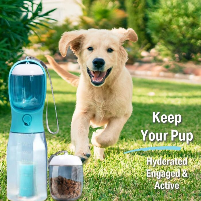 Портативна пляшка для собак PANJAL, 600 мл, 4-в-1, витокозахисна, без BPA, з дозатором відходів, відділенням для ласощів, фільтром – для прогулянок, походів, подорожей, блакитна