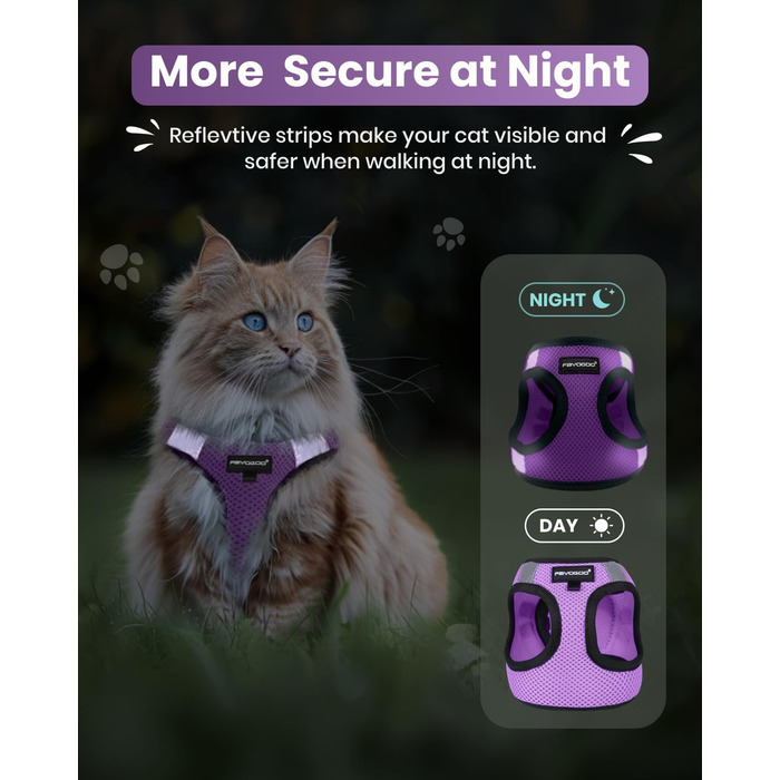 Шлейка для котів FAYOGOO вибухозахисна з повідком, шлейка для котів анти-вислизання та регульована, повідок для котів з відбиваючими смугами для безпеки та комфорту вночі, M (фіолетовий, L (упаковка з 1))
