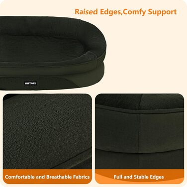 Ортопедичне ліжко для собак, ліжко-софа для собак з валиком, неслизьке дно, знімне та пральне, середні та великі породи, 106 x 79 x 17 см, оливковий колір