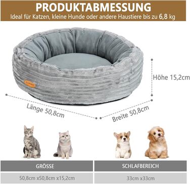 Кругле ліжко для котів та собак, сіре, 50.8 см, з м'яким флісовим покриттям, миється, зручне для сну