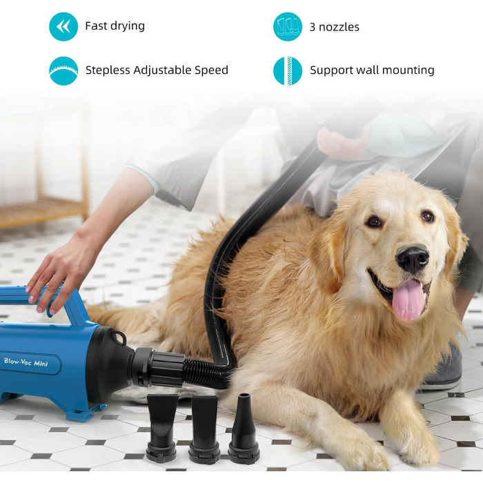 Фен для собак Blower Pet Dryer – сушарка для шерсті домашніх тварин з нагрівом, безступінчате регулювання, 3.8 PS, Peacock Blue