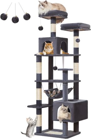 Дряпка для котів Taoqimiao MS020SG, котячий комплекс для дому, м'який будиночок з 6 стовпчиками, 2 лежаками, 2 домівками, гамаком і 3 іграшками-помпонами, сірий