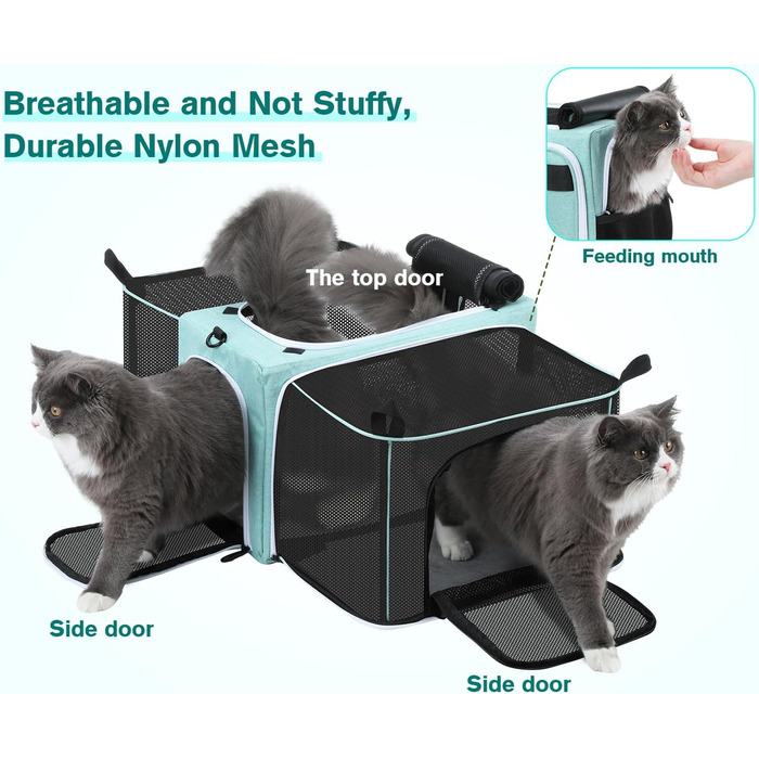 Транспортна переноска для котів Pecute, розширювана, для 2 котів, велика переноска для собак та цуценят, складана переноска-сумка для котів, аква-зелений колір