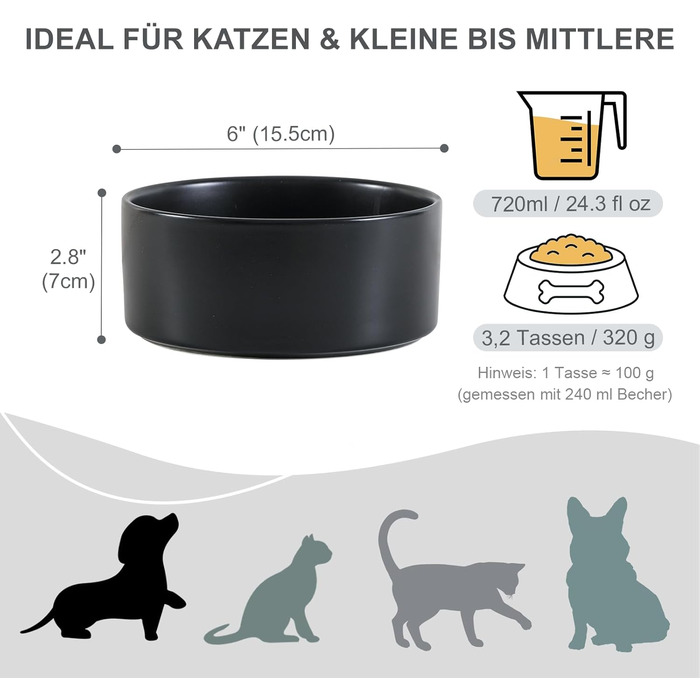 Керамічна миска для собак, миска для корму для собак, неслизька миска для маленьких та середніх собак, миска для води для великих котів, керамічна миска для корму та води, 15 см, 320 г / 720 мл, білий, 15,5 см Ø / 0.72 л (глибока)