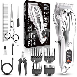 Професійна машинка для стрижки собак з товстим хутром, бездротова з LED-дисплеєм, тиха, акумуляторна, триммер для собак з набором для догляду за кігтями (срібна)