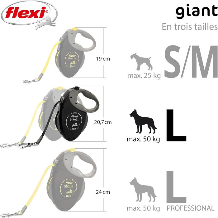 Flexi Giant Plus 8 м рулетка для собак до 25 кг, неонова стрічка, підвищена видимість, міцна та ергономічна система гальмування, чорна