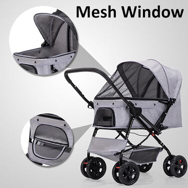 Візок для тварин, візок для собак та котів до 20 кг, чорний. Зручний, з поворотними колесами, кошиком для зберігання та гальмом. Легко складається.