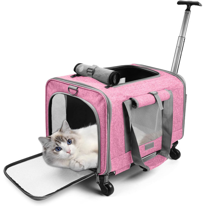 Переноска для тварин ALLSOPETS з колесами для котів та собак, схвалена для авіаперельотів, з висувним ручками, знімними колесами та плечовим ременем, рожева