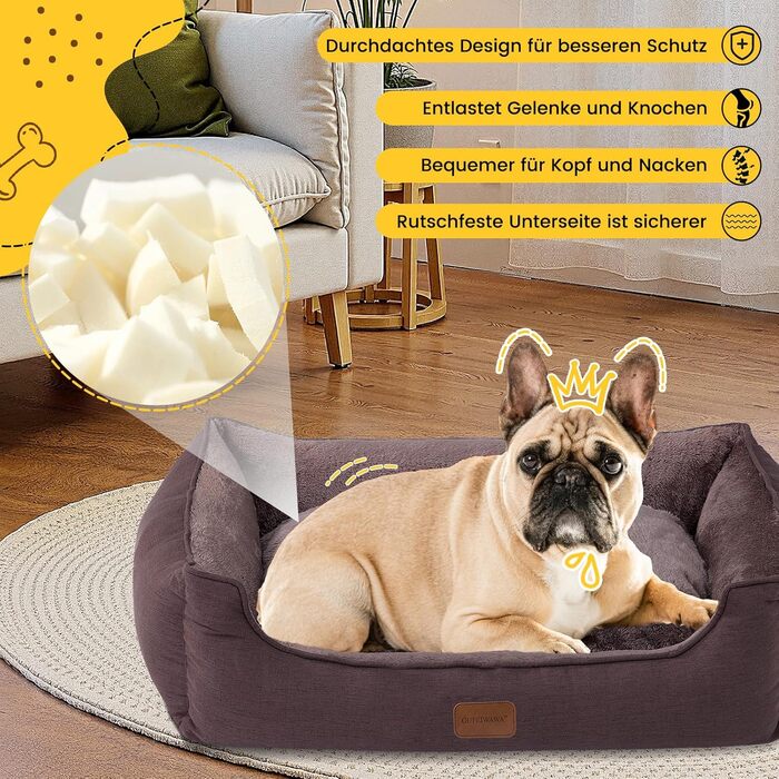 Ортопедичне ліжко для собак середніх та великих порід, 73x59x18 см, супер м'яке та затишне, кошик для собак з високим бортиком, знімний та пральний чохол, неслизьке, темно-коричневе, для дому та авто
