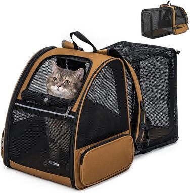 Рюкзак-переноска для кота та собаки, розширюваний, коричневий. Підходить для котів та собак вагою до 9 кг