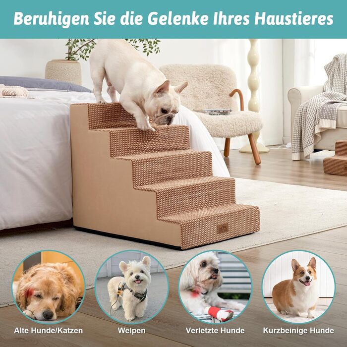 Сходинки для собак маленьких порід, 5 сходинок, 60 см, знімний чохол (світло-коричневий) 75x50x60 см