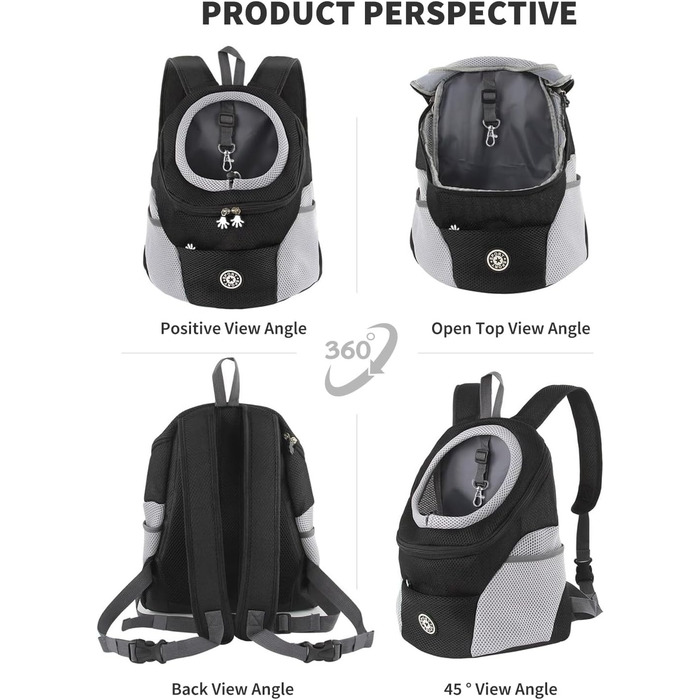 PETCUTE Рюкзак-переноска для собак і котів, чорний, з регульованим ременем, водонепроникним дном та дихаючою передньою кишенею