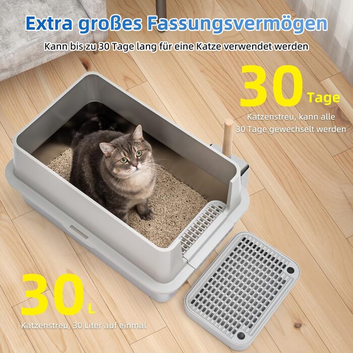 Великий котячий туалет з кришкою KMNSUN XXL, 30 л, з нержавіючої сталі, з двофільтровою системою та совком, високий бортик, не протікає, сірий
