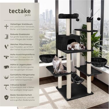 Дерево для котів tectake® XXL, велике, з аксесуарами: лежанки, гамак, будиночок, іграшки, мотузка, стійка для дряпання, висота 165 см, чорний