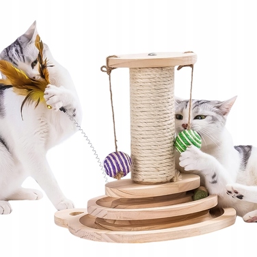 Інтерактивна дерев'яна іграшка-драбалка для котів з м'ячиком