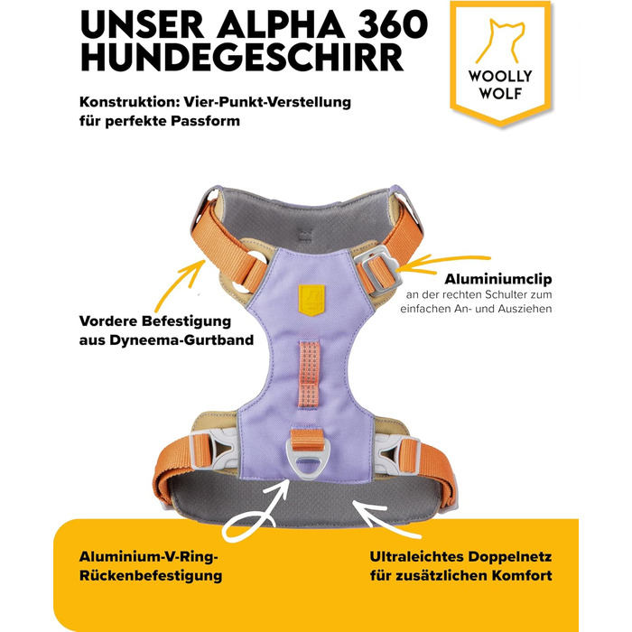 Шлейка для собак Woolly Wolf Alpha 360 XS, лавандово-фіолетовий мікс, 100% перероблений поліестер, регульована, легка, для маленьких собак