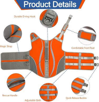 Надувна собача жилетка для плавання з ручкою та світловідбиваючими елементами, Orange (M)