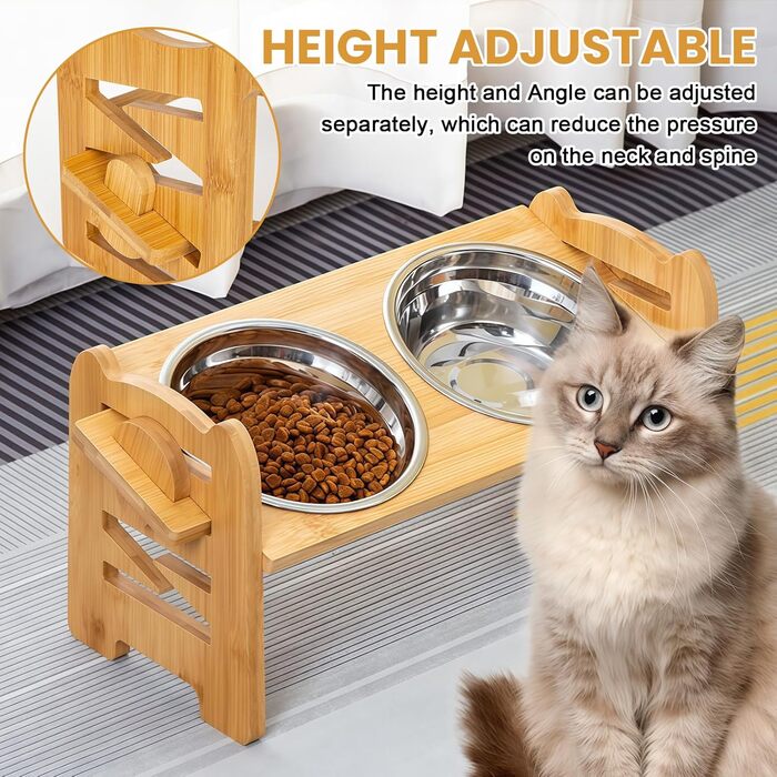 Підвищена годівниця для собак з бамбука з регулюванням висоти, 2 миски з нержавіючої сталі, нахилена годівниця для собак і котів, довговічна