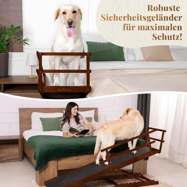 Східці для собак до ліжка з поручнями - для великих собак до 90 кг - регульована висота до 94.5 см - ширина 49,5 см - складані - антиковзні ручки - береза - натуральний колір (волоський горіх)