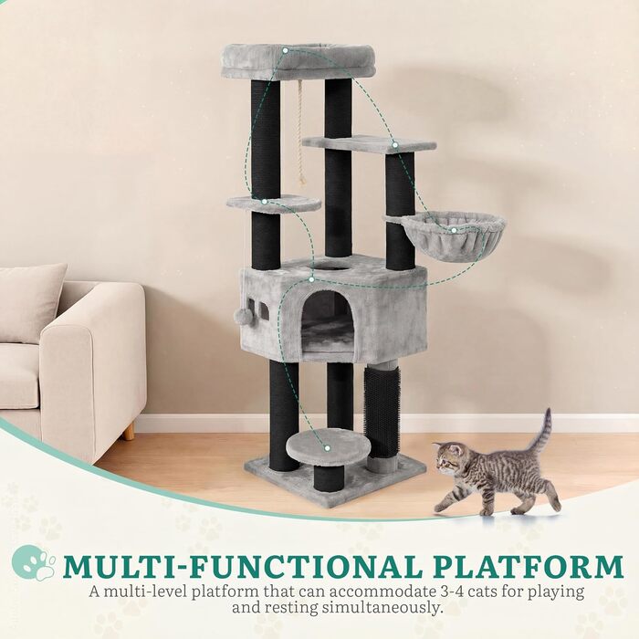 Котячий комплекс YITAHOME для великих котів, когтеточка, будиночок, платформа, 157 см, сірий
