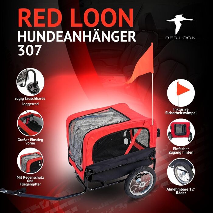 Фаркоп для собак Red Loon Mini - вело- та біговий причіп для собак, легкий переобладнання, світловідбивачі, комплект для бігу, червоний/чорний, вантажопідйомність до 20 кг
