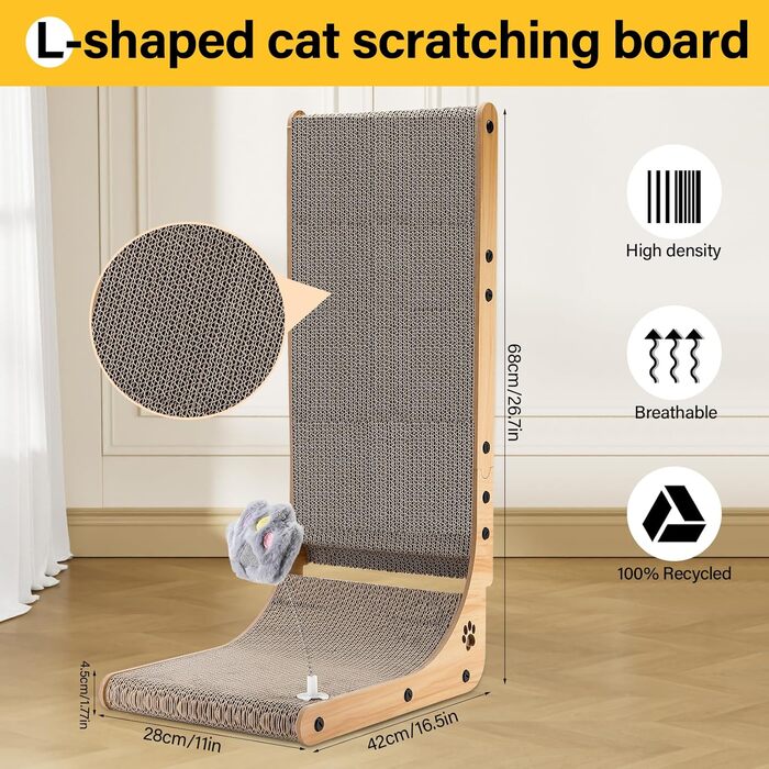 Котячий когтетоп L-подібний з іграшками, 68 см, для захисту дивану та кутів