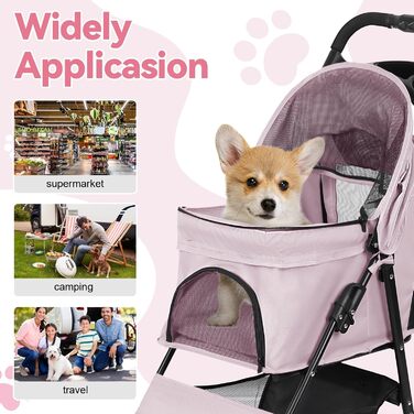 Складаний візок для тварин та дітей з обертовими колесами на 360°, кошиком для зберігання, міцним металевим каркасом та дихаючими сітковими віконцями – портативний переносник для котів та собак до 22 кг (Рожевий)