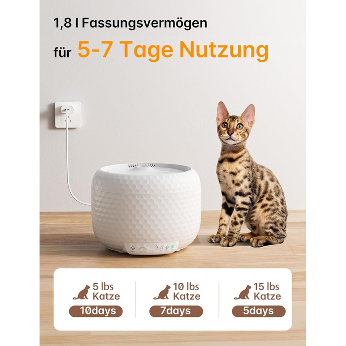 Водяний фонтанчик для котів, 1.8L, з тихим насосом та фільтром з активованого вугілля