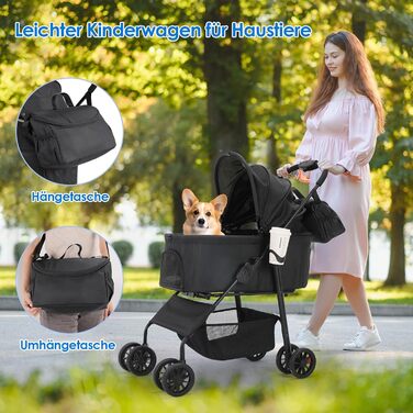 Візок для собак Mamizo 3-в-1, до 30 кг, з сумкою, для малих/середніх собак і котів, чорний, тканина Леїнен