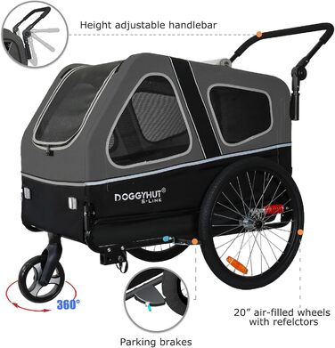 Doggyhut S-Line XL Візок-причіп для собак з амортизацією 2-в-1, велосипедний причіп та біговий візок для собак до 45 кг