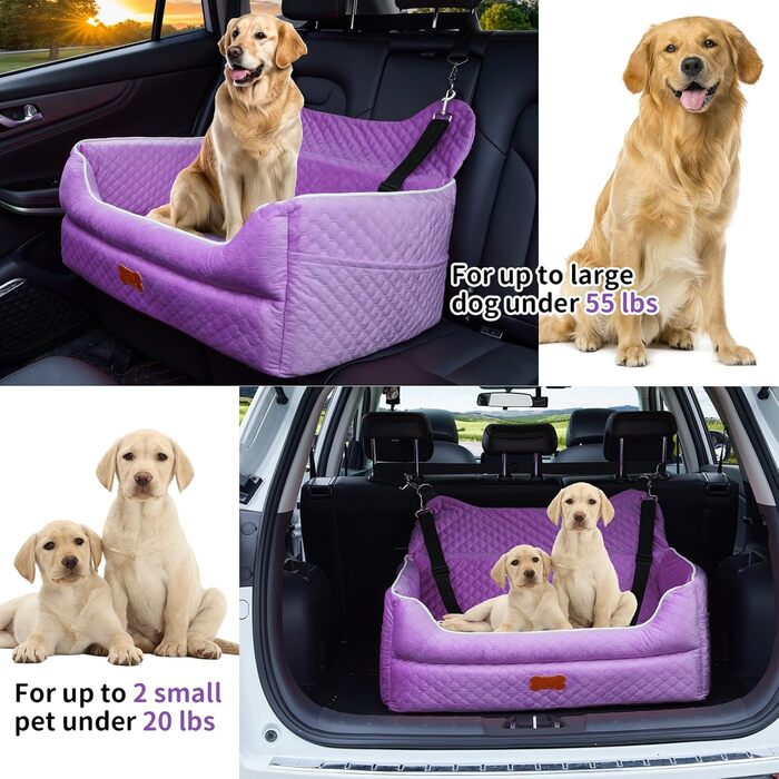 Автокрісло для собак великих та середніх порід, Memory Foam, до 25 кг або 2 маленькі собаки, знімний та пральний бокс для подорожей, з товстими подушками та кишенями для зберігання, фіолетовий колір