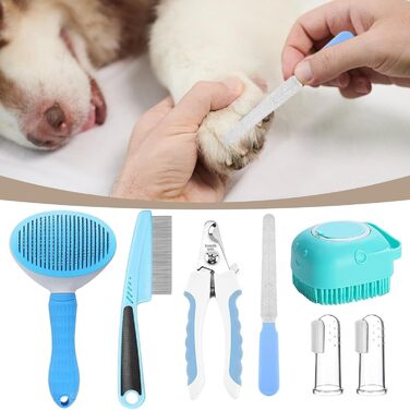 Набір для догляду за шерстю котів та собак: щітка, триммер для нігтів, пилка, гребінець від бліх, 2 зубні щітки для тварин, блакитний
