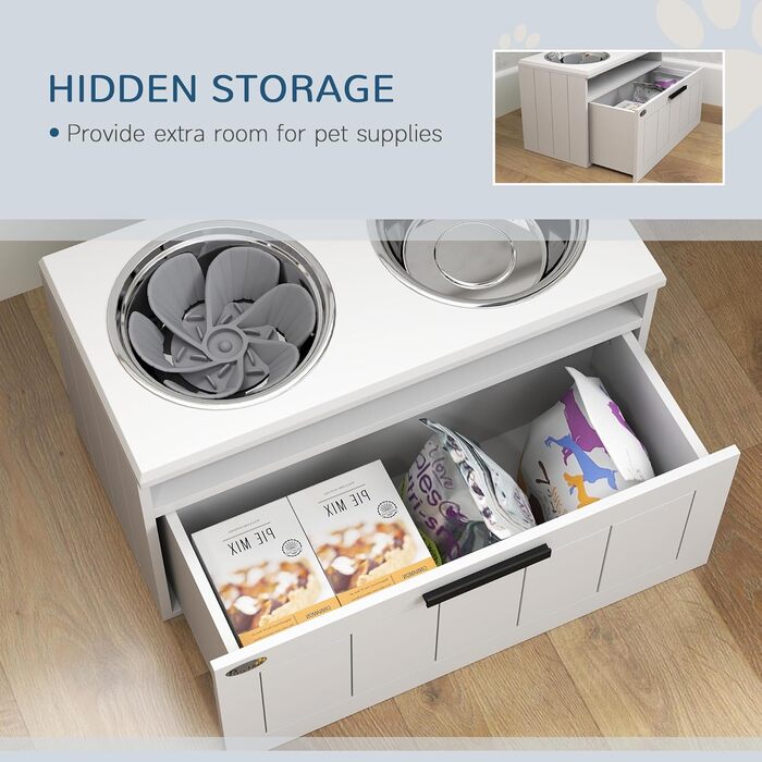 Станція для годування собак PawHut з піднятою мискою, повільною годівницею та 2 мисками з нержавіючої сталі, ящик для зберігання 25л, для великих та екстра-великих собак, білий колір