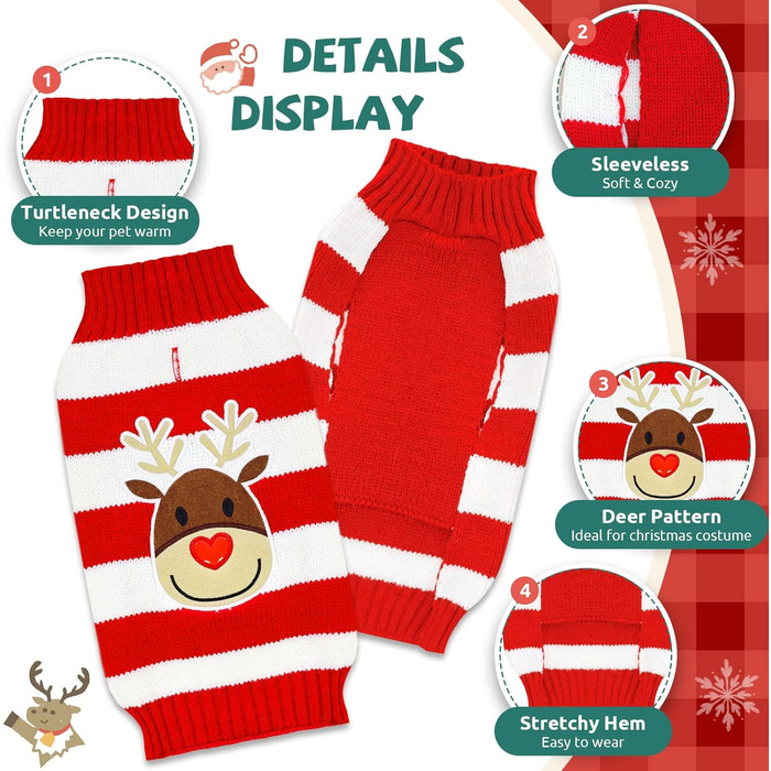 Пуловер для собак на Новий рік, теплий, м'який, осінньо-зимовий, з високим коміром, в'язаний, одяг для цуценят, милий олень, червоний, светри для собак, святковий, з короткими рукавами, (XXS (1-3 lbs), червоний/білий)