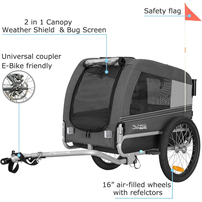 Універсальний візок-перевозник для собак Tiggo VS Pets Medium - 2в1 (велосипедний/біговий, сірий)