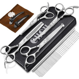 Професійний набір ножиць для грумінгу собак CIICII 10-в-1 з безпечними закругленими кінцями. Ідеально підходить для собак, котів та інших домашніх тварин. Срібний колір.