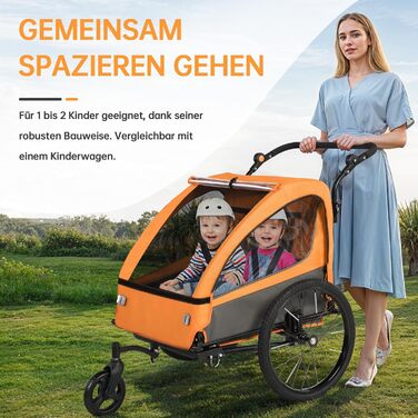 Дитячий велопричіп 2в1 з функцією коляски та бігуна, амортизація, регульована ручка-штовхач та гальма, для 1-2 дітей, до 40 кг (Помаранчевий)