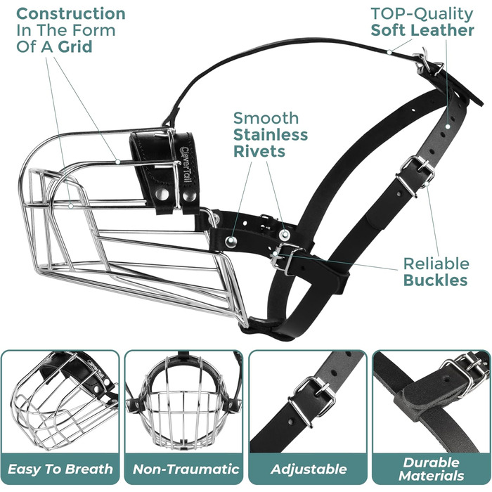 Металева маска-намордник для собак CleverTail Husky Maulkorb - надійний захист від укусів та агресії для великих та середніх собак. З регульованими шкіряними ремінцями та сталевим каркасом.